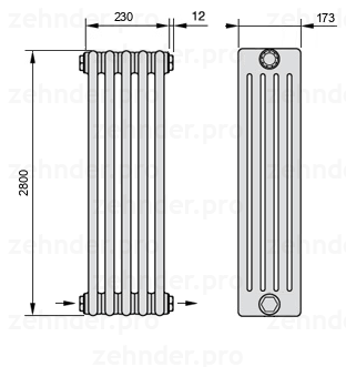 Схема (чертеж) Радиатор Zehnder Charleston 5280/5 №2670 Белый глянцевый RAL 9016